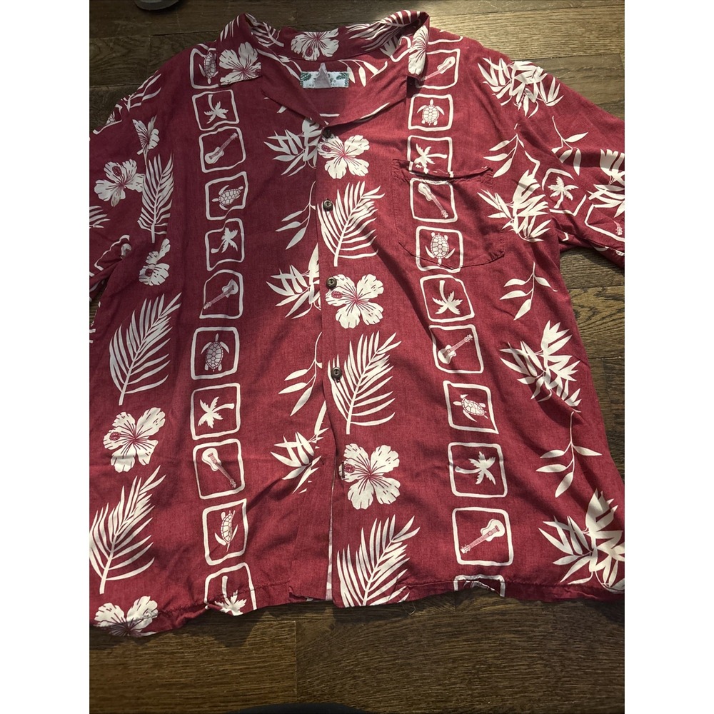 Two‎ Palms Hawaii Vintage Red White Tropical Hawaiian Shirt XL Rayon Mens